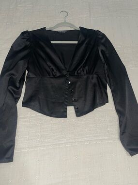 SHEIN Black Satin Button-Front Cropped Blazer